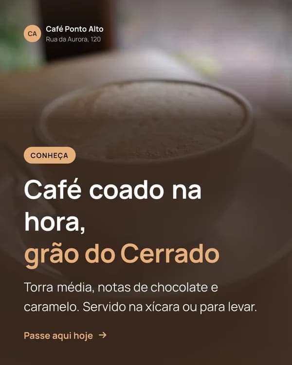 Post de uma cafeteria apresentando o café coado na hora