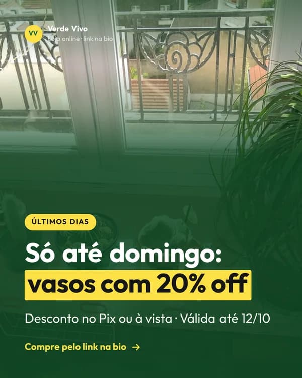 Anúncio de última chance de uma loja online de plantas: vasos com 20% de desconto até domingo